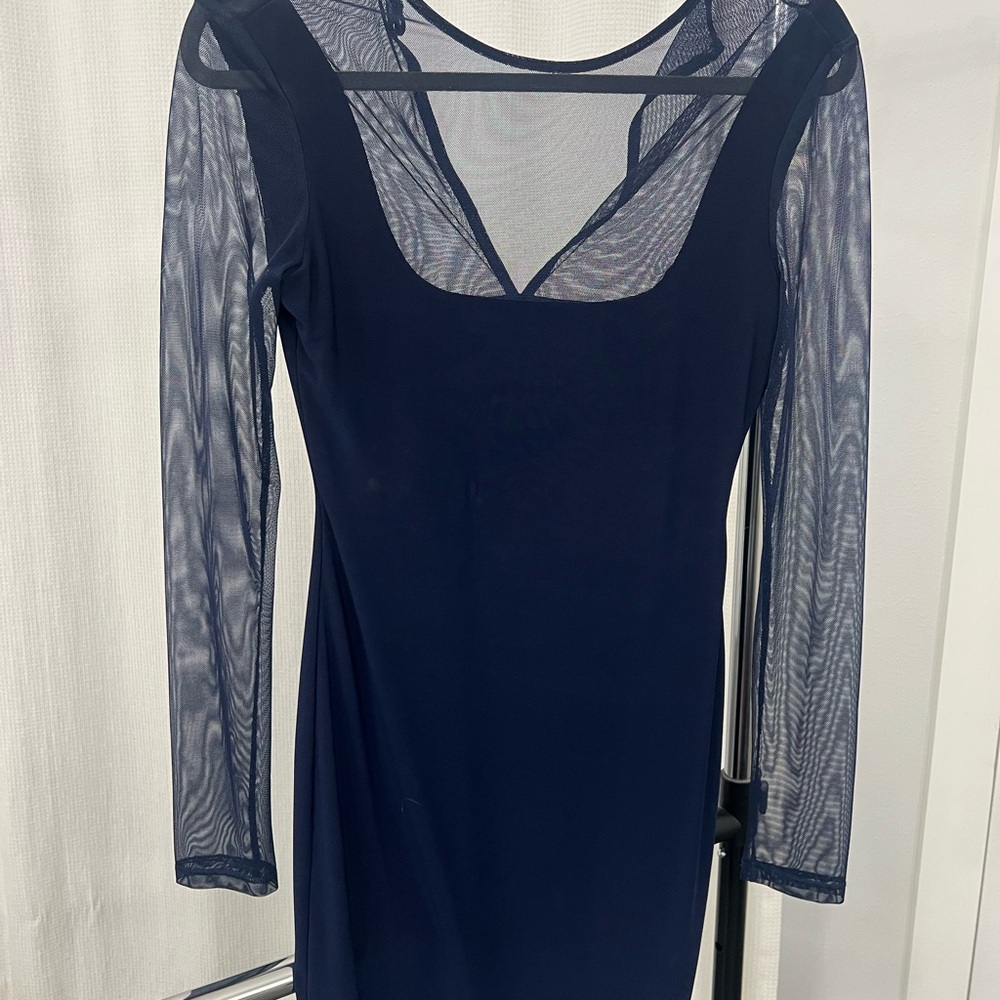 Elegant Navy Blue Sheer Sleeve Dress